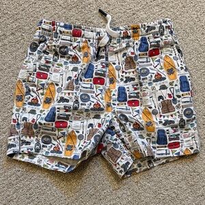 Vineyard Vines White Shorts with Yellow Kayak & Blue Backpack Pattern